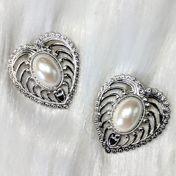 Jewelry - Silver Pearl & Heart Earrings Jewelry - Silver Pearl & Heart Earrings